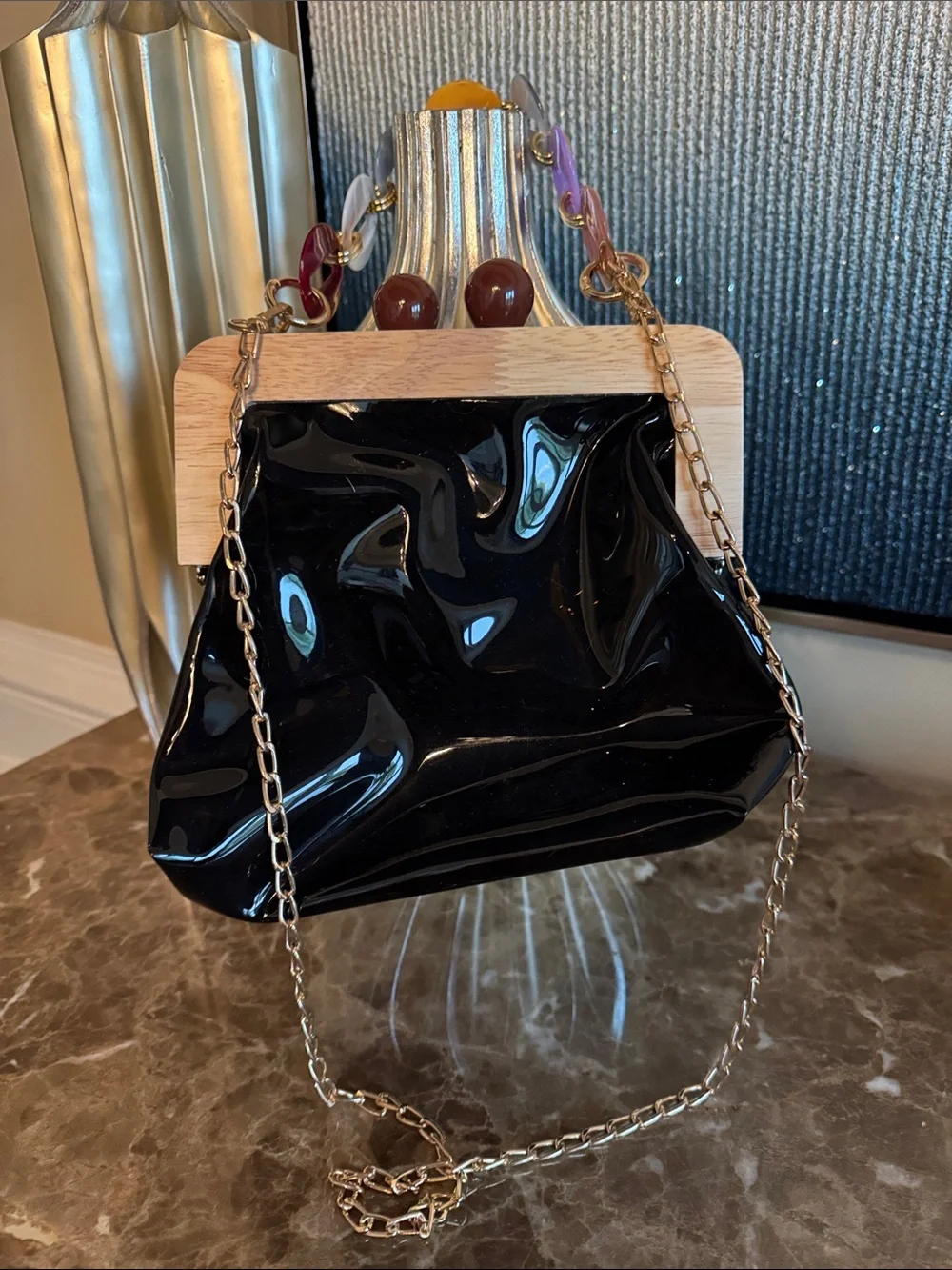Black Patent Frame Clutch with Gold Chain Strap